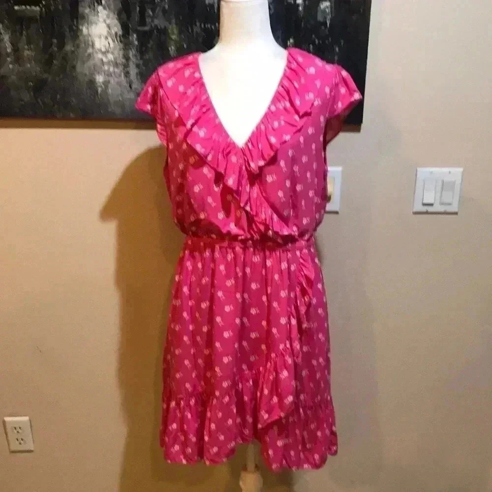 J. Crew V Neck Ruffle Floral Faux Wrap Dress Fuchsia Pink Size 10